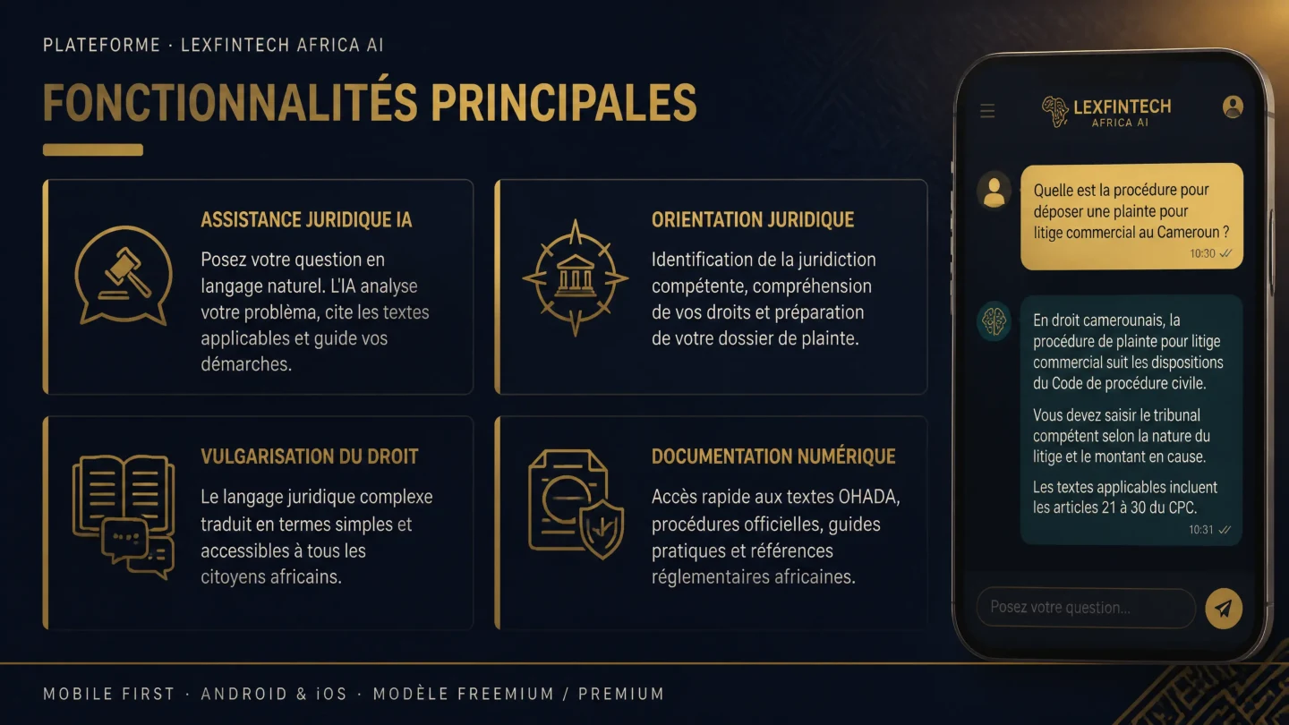 Présentation des fonctionnalités de LexFintech Africa AI et illustration de son interface mobile